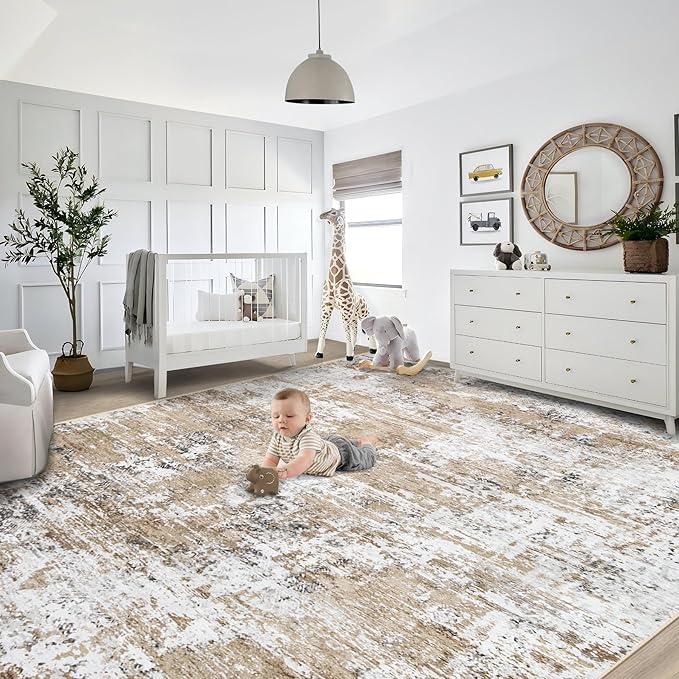 9x12 Area Rug for Living Room, Washable Modern Abstract Large Area Rug Neutral Soft Non Slip Kids Rug Stain Resistant Indoor Carpet for Bedroom Dining Room Playroom Office(Beige, 9'x12')