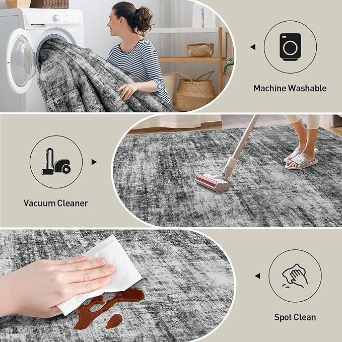 9x12 Area Rugs Washable Rug: Modern Abstract Living Room Rug Soft Anti-Skid Thin Carpet Indoor Floor Non-Shedding Carpets for Bedroom Dining Room Farmhouse Nursery Home Office Black