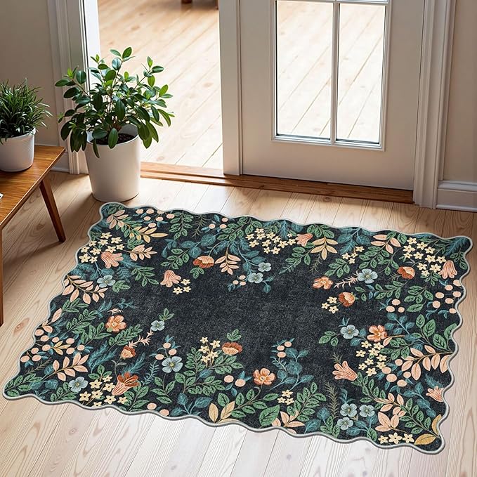 Front Door Mat Outside Entrance - 2x3 Black Floral Non-Slip Washable Doormat Indoor Outdoor Mat Boho Vintage Entry Rug Small Throw Rugs for Entryway Kitchen Front Porch Decor