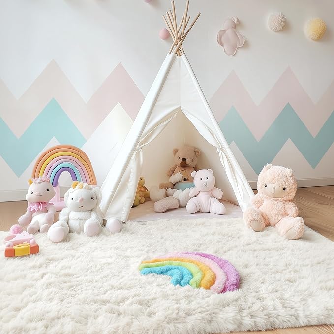OLANLY 3x4 Machine Washable Accent Rug, Soft Fluffy Shaggy Area Rug for Bedroom, Living Room, Indoor Floor Carpet for Kids, Nursery, Home Decor, Ivory