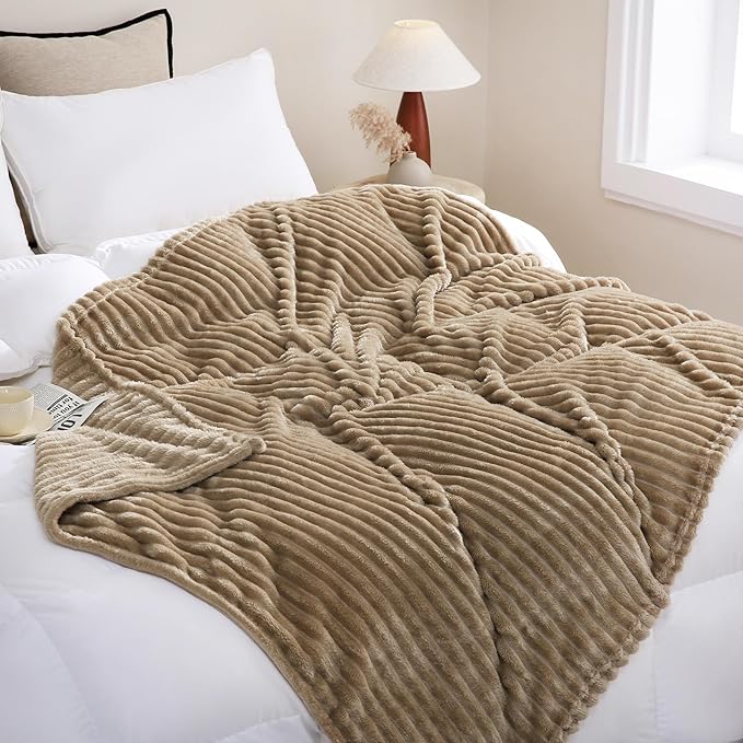 Tan Fleece Throw Blanket 60”×80” for Couch Sofa Bed,Super Soft Cozy Plush Microfiber Flannel Blanket with Stripes Design Lightweight for Adults,Woman,Girls