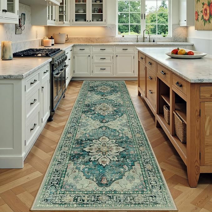 RELEANY Area Rugs 3'x9' Runner Rug Non Slip Washable for Kitchen Hallway Bedroom Beside Laundry Room Bathroom Rug, Floor Carpet, Dark Blue Vintage
