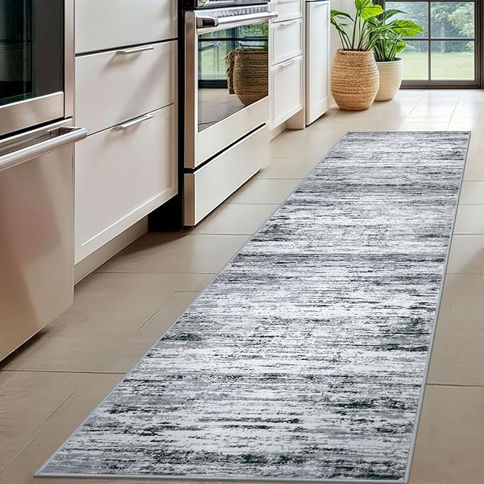 Lansny Modern Abstract Hallway Runner Rug, Black Grey White White Washable Kitchen Runner Non-Slip Soft 2x8 Runner Rug Thin Print Faux Wool Carpet for Entryway Bedroom Laundry Room Indoor Home Decor