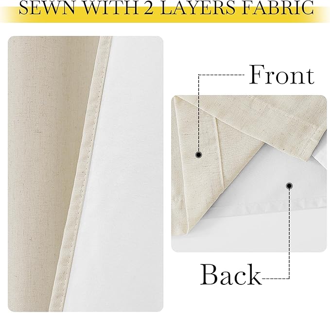 NICETOWN Natural Thick Linen Full Blackout Curtains for Living Room and Bedroom, W52 x L96, 2 Panels Bronze Grommet 2 Layers Window Treatment with White Liner Privacy Protection Sound Blocking