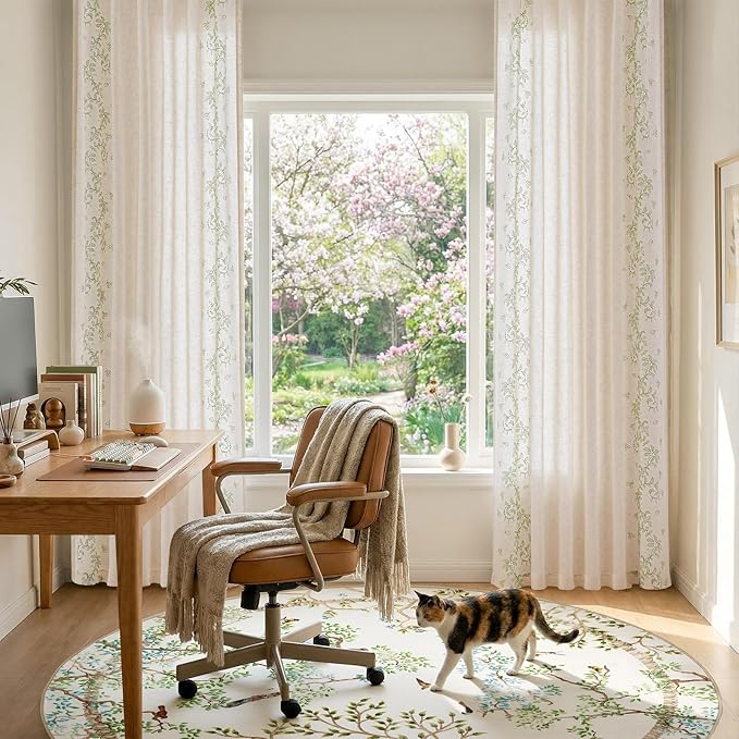 jinchan Evelyn Embroidered Linen Curtains for Living Room Elegant Farmhouse Semi Sheer Light Filtering Curtains 84 inches Long Cottage Sage Green Floral Window Drapes Rod Pocket Back Tab 2 Panels