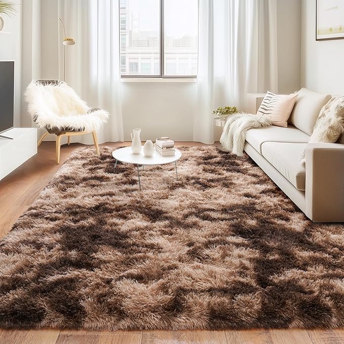 Rugs for Bedroom 4x6, Soft Shaggy Modern Shag Area Rug for Living Room, Upgrade Non-Slip Plush Fluffy Carpet for Kids Boys Girls Room Home Decor Aesthetic, Tie-Dyed Brown