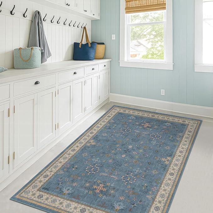 Washable Blue Rugs for Entryway Indoor - 3x4 Throw Rug for Large Kitchen, Bedroom Bedside, Bathroom, Mudroom, Boho Eclectic Modern Décor, Non Slip Low Pile Fade Resistant