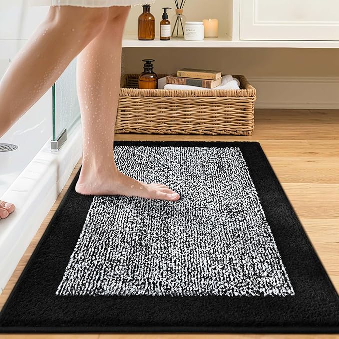 Bathroom Rugs 30x20 Non Slip Washable, Black Bath Mat for Bathroom Floor Tub, Soft Absorbent Quick Dry Mats for Shower, Bathtub,Home Decor