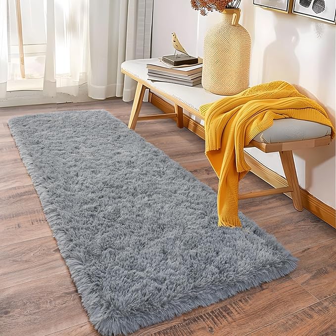 Fluffy Shag Runner Rugs for Bedroom Hallways, 2x8 Grey Long Soft Throw Area Rug Non Slip for Bedside Dorm, Shaggy Furry Carpet for Nursery Living Room Home Decor