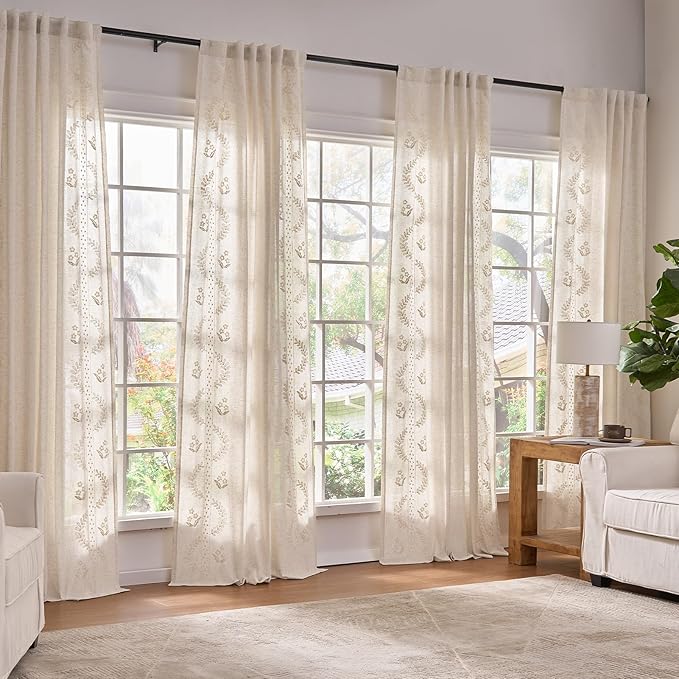 jinchan Belrose 4 Panel Curtains Set 90 Inch Length Floral Curtains Linen Blend Ivory Embroidered Drapes Farmhouse Flower Patterned Drapes for Living Room Bedroom Window Treatments Set of 4
