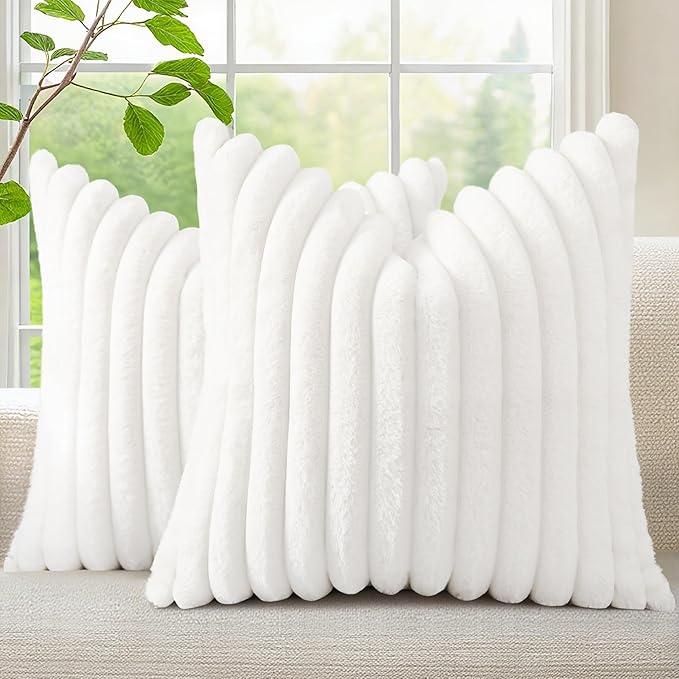 decorUhome Summer Cozy Faux Fur Throw Pillow Covers 18x18 Set of 2 Decorative Soft Plush Striped Modern Farmhouse Boho Couch Pillow Cases with Velvet Back for Sofa Bed Living Room, White