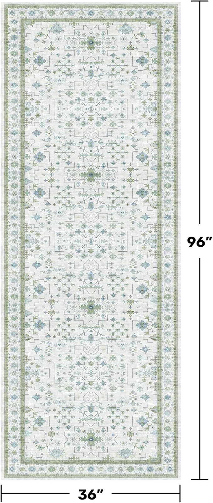 Hazo Haus Turkish 3x8 Wide Hallway Runner - Cream Green Oushak Boho Floral, Washable Low Pile Non Slip Stain Resistant Rug for Kitchen, Bathroom, Hall Way