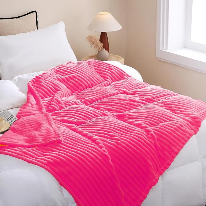 Hot Pink Fleece Throw Blanket 60”×80” for Couch Sofa Bed,Super Soft Cozy Plush Microfiber Flannel Blanket with Stripes Design Lightweight for Adults,Woman,Girls