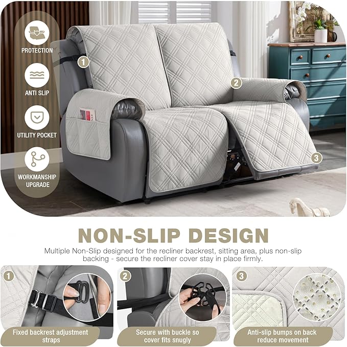 TAOCOCO 100% Waterproof Oversized Loveseat Recliner Cover, Non Slip Split Couch Covers for Reclining Loveseat with Elastic Straps for Kids Pets(Oversized 2 Seater, Off White)