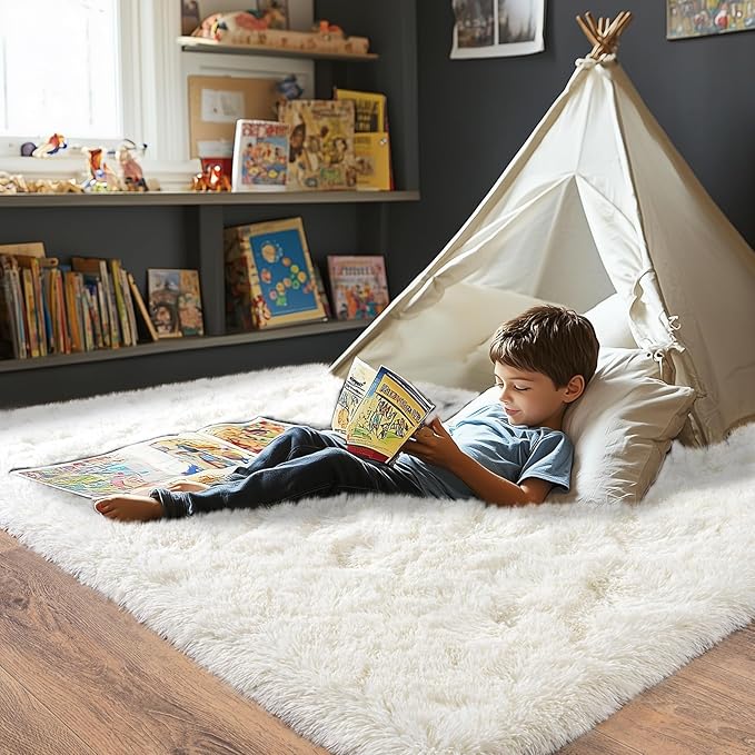 Pionblank Fluffy Area Rug for Bedroom 4x6 Feet, Indoor Plush Carpet, Shag Soft Bedside Rug, Cute Comfy Furry Rug for Living Room Dorm Girls Boys Room Nursery Decor, Cream White