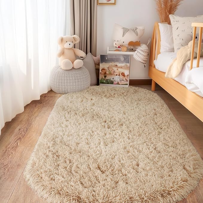 Pionblank Fluffy Area Rug for Bedroom 3.3'x6.2', Shag Oval Rug for Bedside, Ultra Soft Cute Plush Carpet for Living Room Kids Girls Boys Room Nursery Teens Dorm Home Decor, Camel