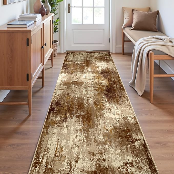 Washable Area Rugs 2'x6' Non-Slip Modern Abstract Soft for Living Room Entryway Bedroom Nursery, Print Pattern, Brown Tan Beige Coffee