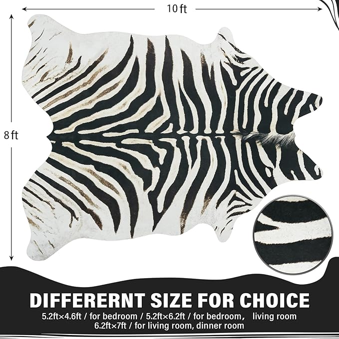AROGAN Western Faux Fur Zebra Rug, 8 x 10 Feet Premium Animal Skin Print Rug, Sturdy Faux Zebra Hide Rugs for Wall Decor, Western Floor Carpet for Bedroom Living Room, Black