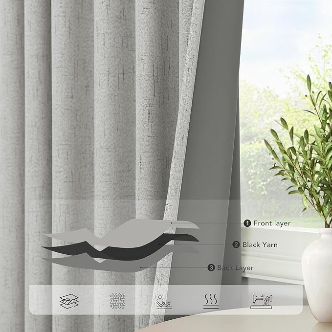 Gray Room Darkening Curtains 96 Inches Long for Living Room 2 Panels Faux Linen Back Tab Pleated Puddle Length Thermal Insulated Medium Gray Light Weight Blackout Curtains for Bedroom 8ft Light Grey