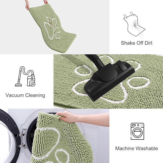 Smiry Dog Door Mat for Muddy Paws, Absorbent Dirt Trapper Non Slip Quick Dry Washable Chenille Mat for Mud Dogs, Entry Rug for Indoor and Outdoor (48x30 Inches, Sage Green and White)