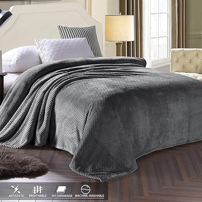Exclusivo Mezcla Fleece Bed Blanket Twin Size, Super Soft and Warm Blankets for Couch, Sofa and Bed Waffle Textured, Cozy, Fuzzy and Lightweight (Dark Grey, 90x66 Inches)