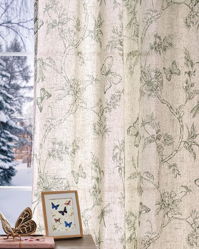 jinchan Floral Linen Curtains for Living Room 63 Inch Length Butterfly Sage Green Floral Curtains French Country Farmhouse Flower Patterned Drapes Window Treatments Set 2 Panels
