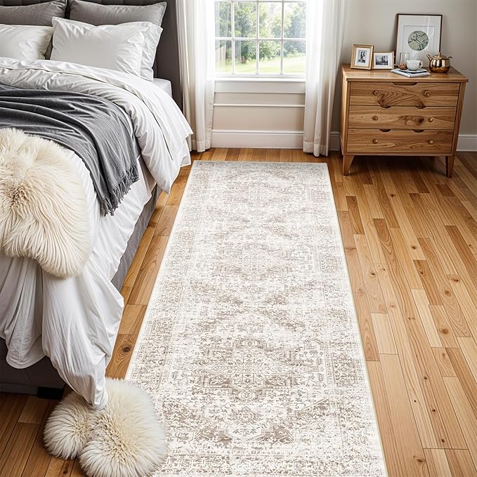 Washable 2'6''x8' Runner Rug - Non-Slip Vintage Runner Rug for Entryway Low-Pile Medallion Long Rugs for Hallway Waterproof Traditional Indoor Thin Rug for Kitchen (Cream/Beige)