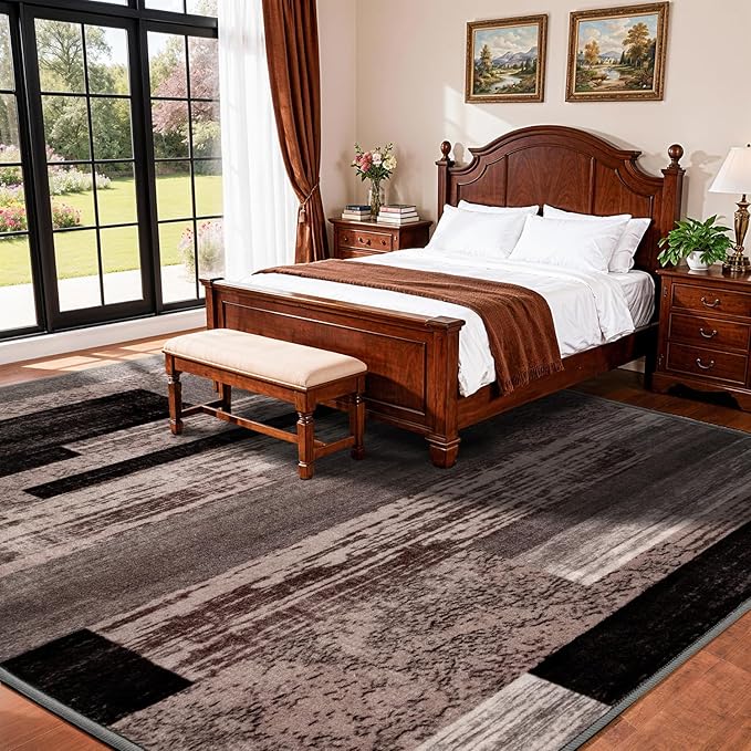 LIANLAM 6x9 Washable Area Rugs for Living Room and Bedroom, Vintage Checkered Pattern Non-Slip Carpet, Stain Resistant Low Pile Soft Rug for Dining Room,Office,Nursery,Kids Room(6x9,Gray)