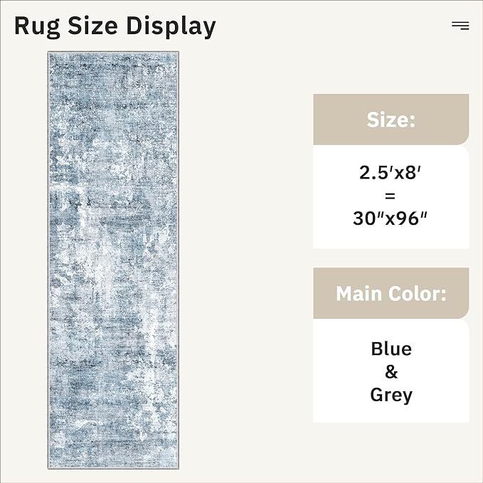 Washable Runner Rug, 2'6" x 8' Non-Slip Kitchen Vintage Foldable Hallway Runners for Entryway, Laundry, Bedroom, Blue
