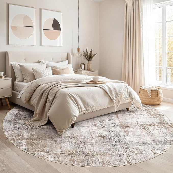 UERMEI 8ft Round Area Rug Living Room Rugs - 8x8 Washable Neutral Modern Abstract Soft Thin Rug Indoor Floor No Slip Rug Carpet for Bedroom Under Dining Table Home Office Decor - Brown/Grey/Red
