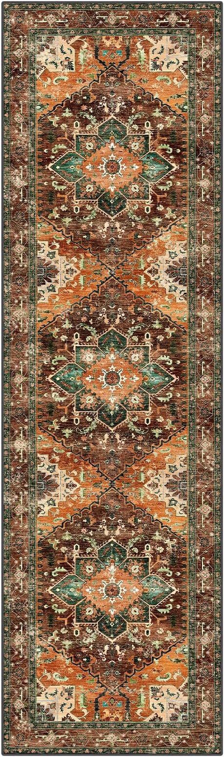 Yamaziot Washable Runner Rug, 3x10 Non-Slip Boho Vintage Hallway Rug with Rubber Backing, Low Pile Faux Wool Distressed Carpet Runner for Bedroom, Kitchen, Laundry, Entrance