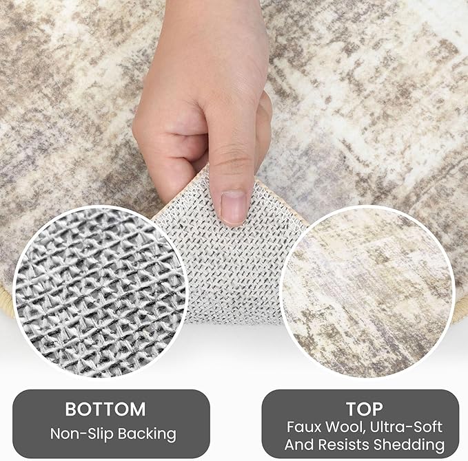 IOHOUZE Round Area Rug 3 Ft Circle Entryway Rugs Round Washable Door Mat Indoor Entrance, Non Slip Circle Front Door Rug, Printed Abstract Faux Wool Floor Carpet for Foyer Porch Sink, Beige Brown