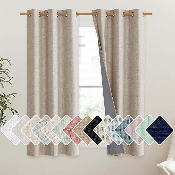 NICETOWN Oatmeal Vintage Open Linen Weave Flax Thermal Curtains, 100% Blackout Curtains 54" Long for Dining Room, Soundproof Window Treatment Drapes for Kitchen, 42" Wide Per Panel, Set of 2