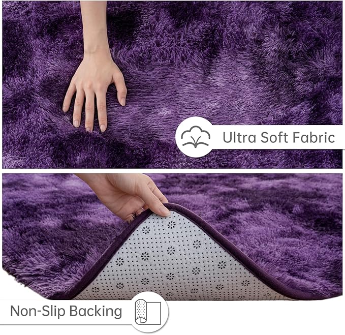 Goideal Fluffy Rug for Bedroom Living Room, 7x10 Purple Area Rugs, Faux Fur Shag Modern Carpet Ultra Soft Girls Boys Room Home Decor, Tie-Dyed