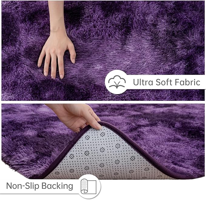 Goideal Fluffy Runner Rug for Bedroom Living Room, 2x6 Purple Bedside Rugs, Faux Fur Shag Modern Carpet Ultra Soft Girls Boys Room Home Decor, Tie-Dyed