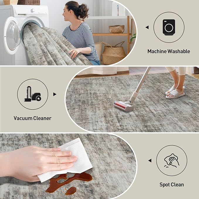 6x9 Area Rugs Washable Rug: Large Modern Abstract Living Room Rug Soft Anti-Skid Thin Carpet Indoor Floor Non-Shedding Carpets for Bedroom Dining Room Farmhouse Nursery Home Office Brown Black