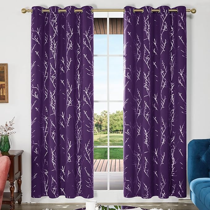 Deconovo Blackout Curtains for Bedroom, Purple Curtain, Thermal Insulated Soundproof Grommet Drapes, Silver Tree Print, 52 x 84 Inch, 2 Panels, Machine Washable Window Panel for Living Room Nursery