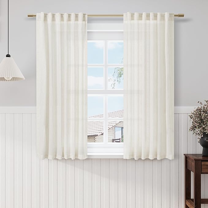 Nanspring Cream Cafe Curtains 54 Inch Length for Kid Bedroom Office Back Tab Pocket Semi Sheer Short Linen Cream Curtain Tiers for Small Bathroom Window Basement 42x54,2 Panel