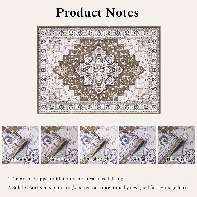 Rugflix 9x12 Area Rug for Living Room, Vintage Washable Area Rug Non Slip Backing Low Pile, Floral Soft Foldable Carpet for Bedroom Dining Room, Brown/Beige