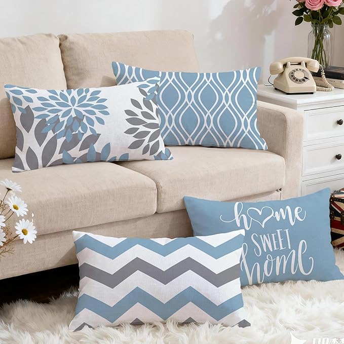 Hexagram Geometric Aqua Blue Pillow Covers 12x20 Set of 4, Decorative Outdoor Boho Modern Throw Pillow Covers, Home Sweet Home Farmhouse Cushion Case for Couch Sofa Bedroom Indoor Decor(No Insert)