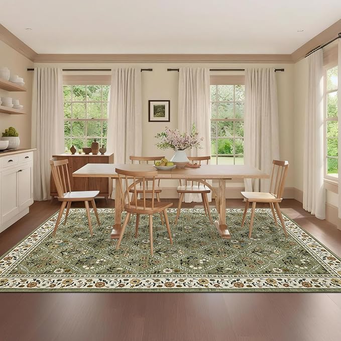 GarveeHome 8x10 Washable Large Living Room Rug Water Resistant Distressed Vintage Floral Rug Non Slip Low Pile Soft for Bedroom Farmhouse Dining Room Kids Playroom Nursery Green