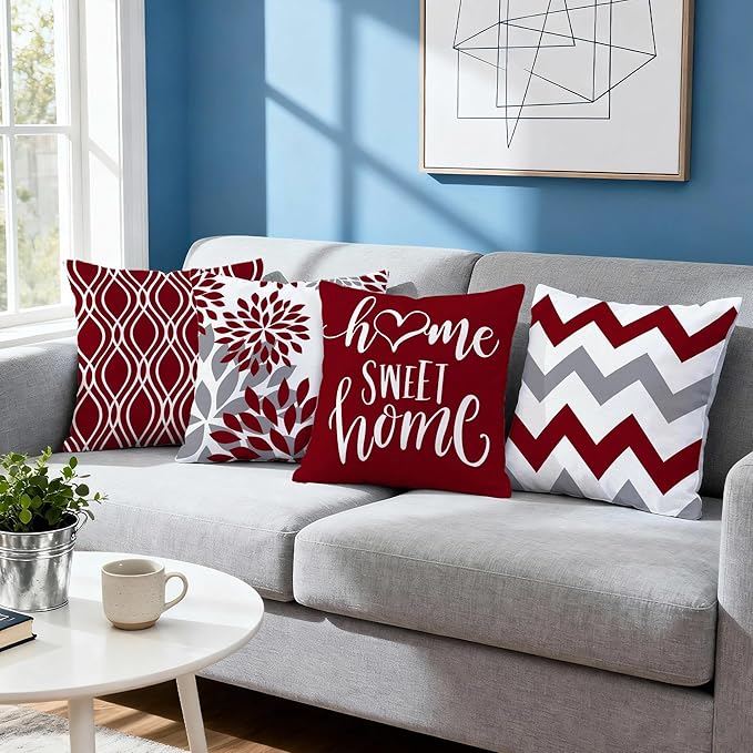 Hexagram Geometric Burgundy Pillow Covers 16x16 Set of 4, Decorative Outdoor Boho Modern Throw Pillow Covers, Home Sweet Home Farmhouse Cushion Case for Couch Sofa Bedroom Indoor Decor(No Insert)