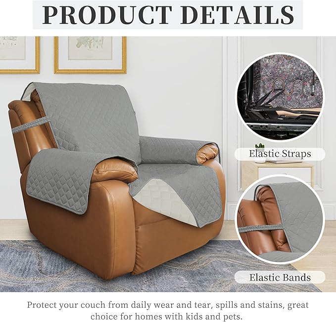 ISSUNTEX Double Protection 100% Waterproof Recliner Covers for Living Room, Reversible Furniture Protector Recliner Couch Sofa Slipcover for Dogs, Pets, Kids (Oversized Recliner, Light Gray/Ivory)
