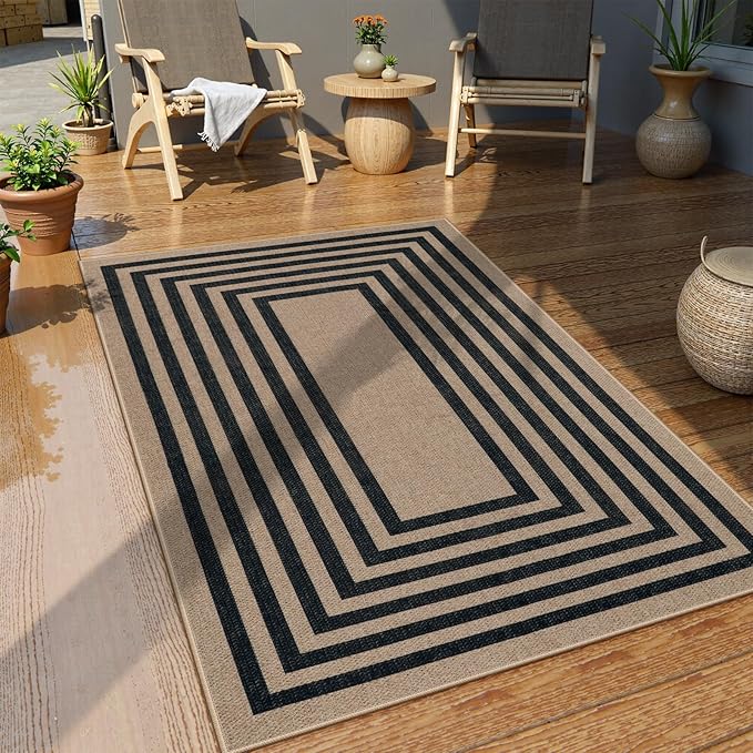 Lahome Enfys Modern Geometric Easy Jute Outdoor Rug, 3x5 Black Washable Kitchen Rugs for Bedroom Thin Non Slip Indoor Door Mat, Non Slip Farmhouse Carpet for Office Patio