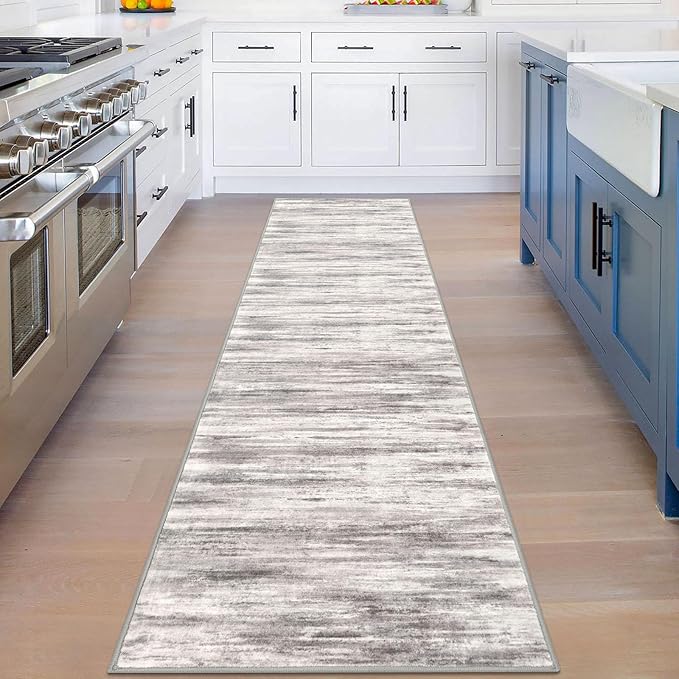 KOZYFLY Modern Abstract Washable Rug Runner 2x8 Hallway Runner Rug Non-Slip Soft Kitchen Runner Rugs, Print Grey/Light Beige/Brown Striped Carpet Runner for Entryway Bathroom