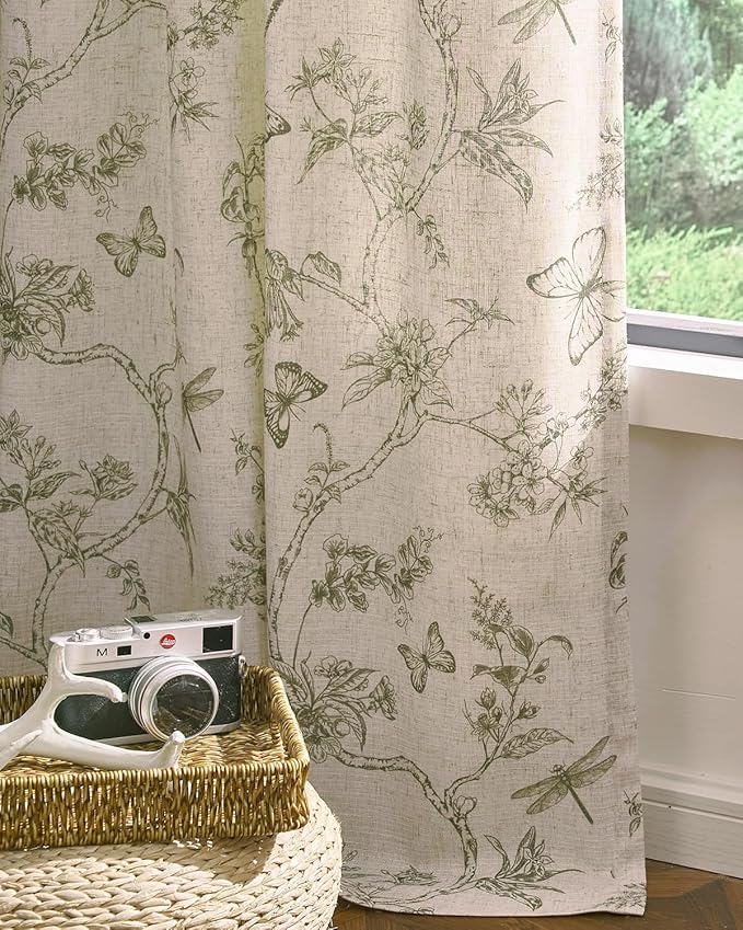jinchan Floral Linen Curtains for Living Room 84 Inch Length Butterfly Curtain Sage Green Floral Curtains French Country Farmhouse Curtain Flower Patterned Drapes Window Treatment Set 2 Panels