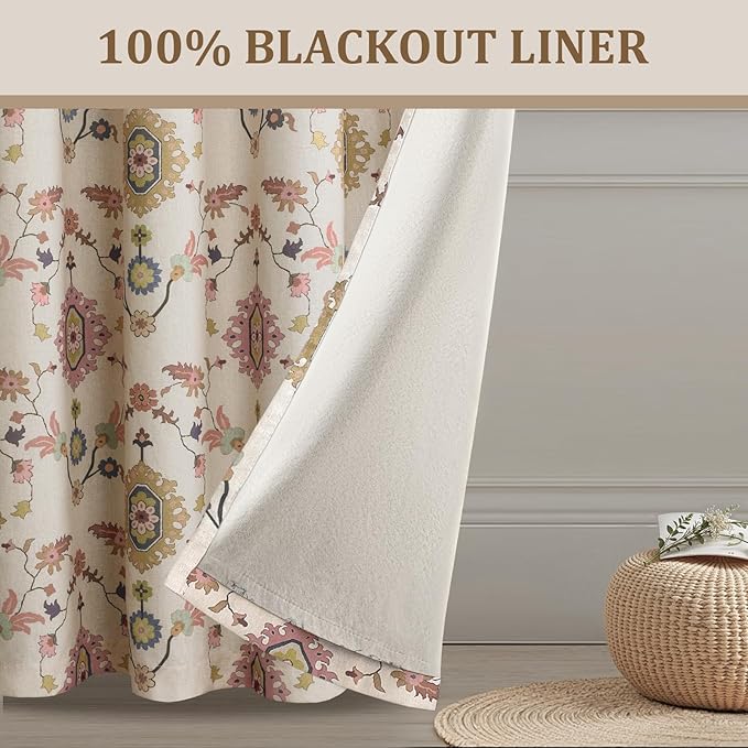 Boho Floral Blackout Curtains for Living Room, Beige Linen Textured Drapes with Colorful Bohemian Print 84 Inches Long 2 Panels Set Vintage Farmhouse Rustic Window Curtains Grommet Top