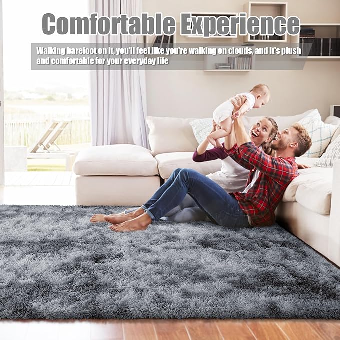 9x12 Fluffy Area Rugs for Living Room,Large Fuzzy Shag Area Rug for Bedroom,Soft Non-Shedding Indoor Plush Carpet for Kids Bedroom Nursery Home Decor,Tie-Dyed Black
