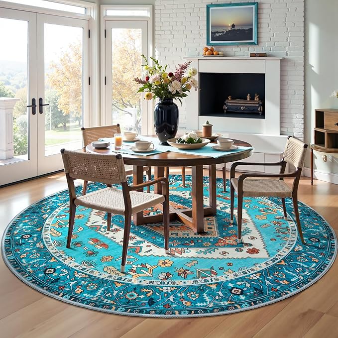 SERISSA Boho Round Area Rug, 5ft Washable Non-Slip Circle Rug, Ultra Soft Oriental Vintage Blue Low-Pile Circular Carpet for Bedroom Entryway Kids Room Office College Dorm Living Room