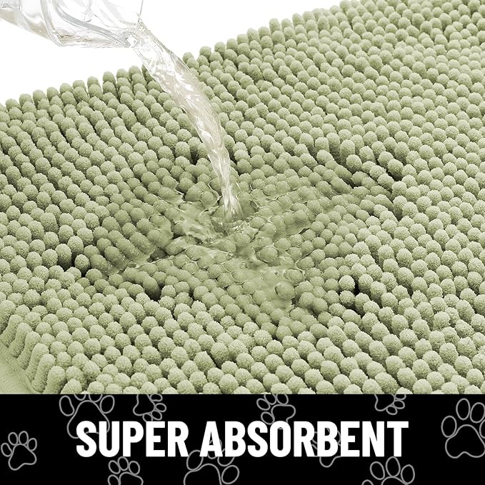 Smiry Dog Door Mat for Muddy Paws, Absorbent Dirt Trapper Non Slip Quick Dry Washable Chenille Mat for Mud Dogs, Entry Rug for Indoor and Outdoor (48x30 Inches, Sage Green and White)